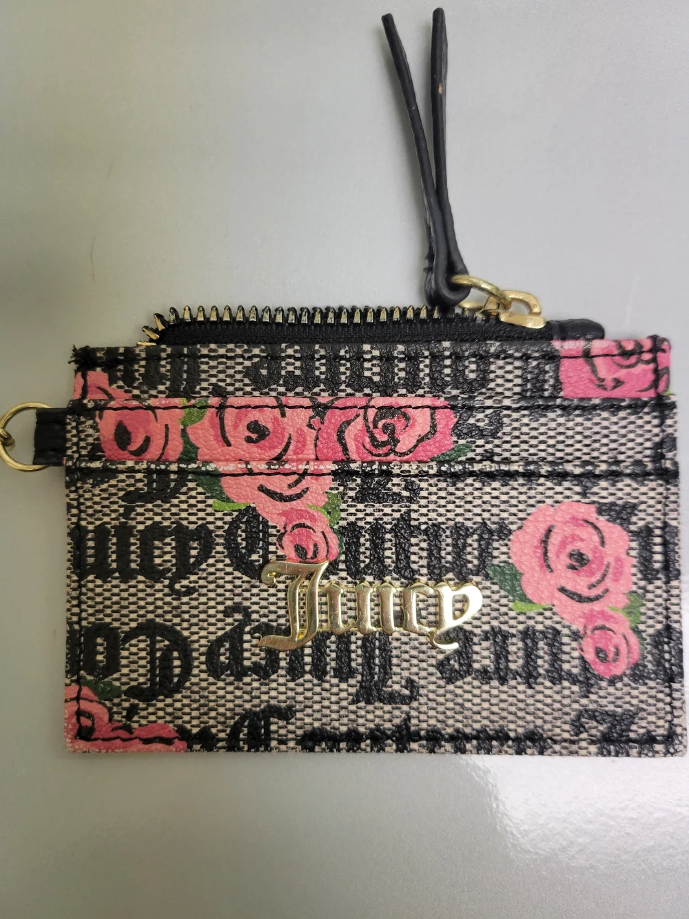 Juicy Couture Floral Zip Keychain Wallet Card Holder Heart Keyring Black Pink
